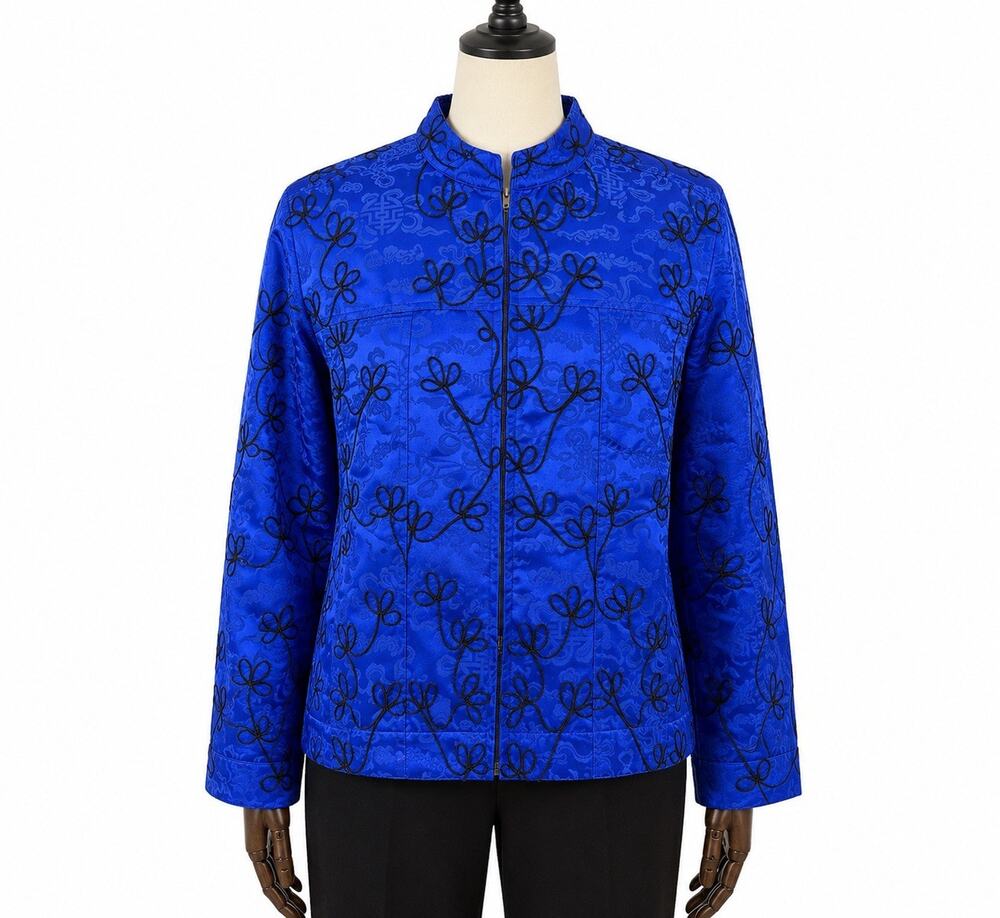 Chico’s Design 100% Silk Blue Embroidered Zip Jacket Mandarin Collar Size 3